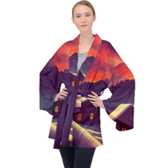 Cabin Mountains Snow Sun Winter Dusk Long Sleeve Velvet Kimono  by Pakemis