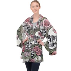 Skulls Roses Wallpaper Garden Artwork Long Sleeve Velvet Kimono  by Pakemis