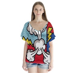 Rays Smoke Pop Art Style Vector Illustration V-neck Flutter Sleeve Top by Pakemis