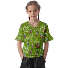 Seamless Pattern With Kids Kids  V-neck Horn Sleeve Blouse by Pakemis