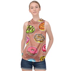 Doughnut Doodle Colorful Seamless Pattern High Neck Satin Top by Pakemis