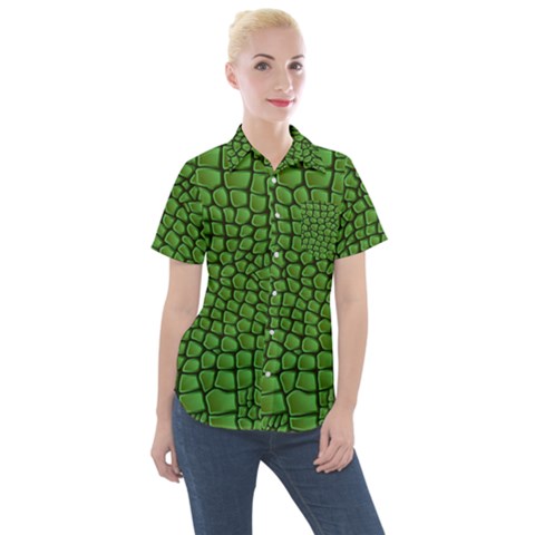 Seamless Pattern Crocodile Leather Women s Short Sleeve Pocket Shirt by Pakemis