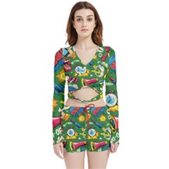 Pop Art Colorful Seamless Pattern Velvet Wrap Crop Top And Shorts Set by Pakemis