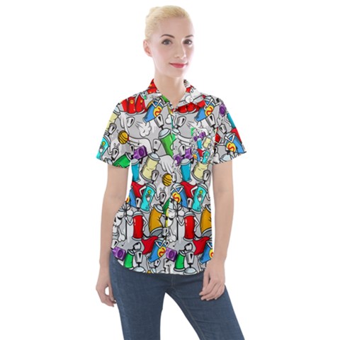 Graffit Characters Seamless Pattern Art Women s Short Sleeve Pocket Shirt by Pakemis