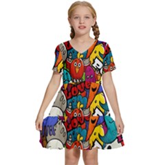 Graffiti Characters Seamless Pattern Kids  Short Sleeve Tiered Mini Dress by Pakemis