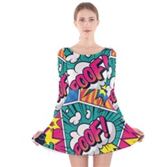 Comic Colorful Seamless Pattern Long Sleeve Velvet Skater Dress by Pakemis