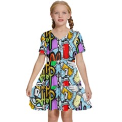 Graffiti Characters Seamless Patterns Kids  Short Sleeve Tiered Mini Dress by Pakemis