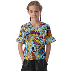 Comic Elements Colorful Seamless Pattern Kids  V-neck Horn Sleeve Blouse by Pakemis