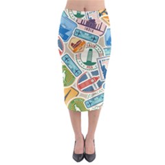 Travel Pattern Immigration Stamps Stickers With Historical Cultural Objects Travelling Visa Immigran Midi Pencil Skirt by Pakemis