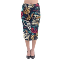 Vintage Art Tattoos Colorful Seamless Pattern Midi Pencil Skirt by Pakemis