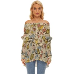 Seamless Pattern With Flower Bird Off Shoulder Chiffon Pocket Shirt by Pakemis