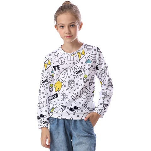 Set Cute Colorful Doodle Hand Drawing Kids  Long Sleeve Tee With Frill  by Pakemis