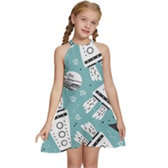 Cute Seamless Pattern With Rocket Planets Stars Kids  Halter Collar Waist Tie Chiffon Dress by Pakemis