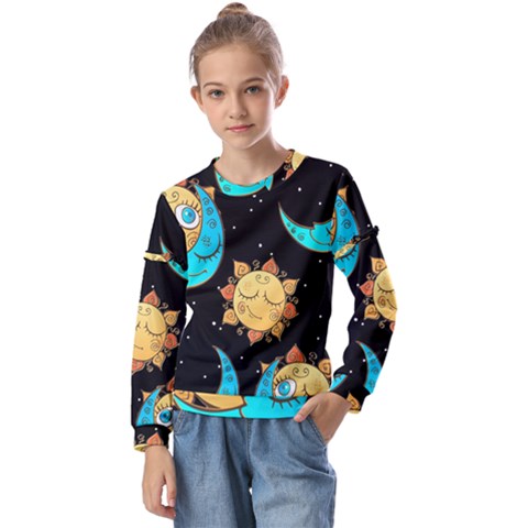 Seamless Pattern With Sun Moon Children Kids  Long Sleeve Tee With Frill  by Pakemis