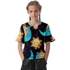 Seamless Pattern With Sun Moon Children Kids  V-neck Horn Sleeve Blouse by Pakemis