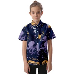 Marine Seamless Pattern Thin Line Memphis Style Kids  Short Sleeve Shirt by Pakemis