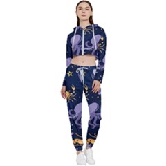 Marine Seamless Pattern Thin Line Memphis Style Cropped Zip Up Lounge Set by Pakemis