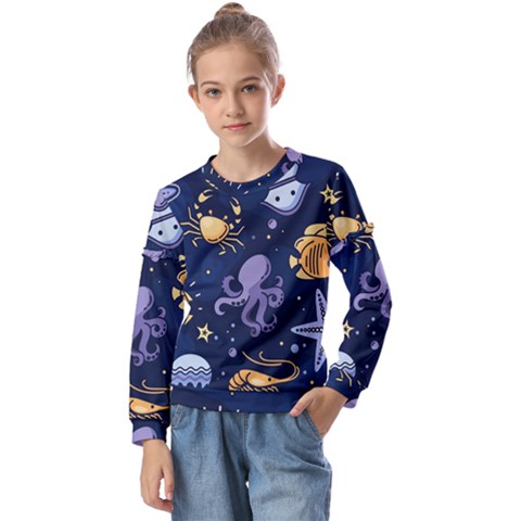 Marine Seamless Pattern Thin Line Memphis Style Kids  Long Sleeve Tee With Frill  by Pakemis