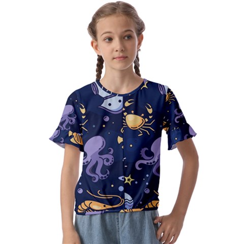 Marine Seamless Pattern Thin Line Memphis Style Kids  Cuff Sleeve Scrunch Bottom Tee by Pakemis