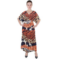 Mixed-animal-skin-print-safari-textures-mix-leopard-zebra-tiger-skins-patterns-luxury-animals-textur V-neck Boho Style Maxi Dress by Pakemis