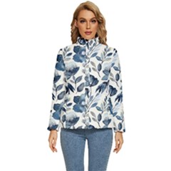 Indigo-watercolor-floral-seamless-pattern Women s Puffer Bubble Jacket Coat by Pakemis