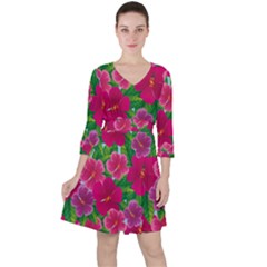 Background-cute-flowers-fuchsia-with-leaves Quarter Sleeve Ruffle Waist Dress by Pakemis