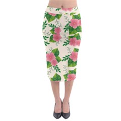 Cute-pink-flowers-with-leaves-pattern Midi Pencil Skirt by Pakemis