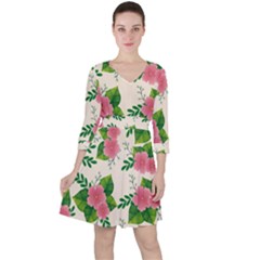 Cute-pink-flowers-with-leaves-pattern Quarter Sleeve Ruffle Waist Dress by Pakemis