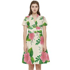 Cute-pink-flowers-with-leaves-pattern Short Sleeve Waist Detail Dress by Pakemis