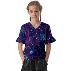 Realistic-night-sky-poster-with-constellations Kids  V-neck Horn Sleeve Blouse by Pakemis