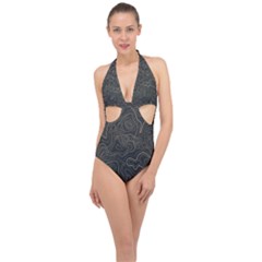 Damask-seamless-pattern Halter Front Plunge Swimsuit by Pakemis