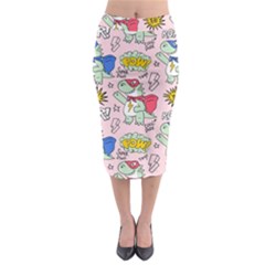 Seamless-pattern-with-many-funny-cute-superhero-dinosaurs-t-rex-mask-cloak-with-comics-style-inscrip Midi Pencil Skirt by Pakemis