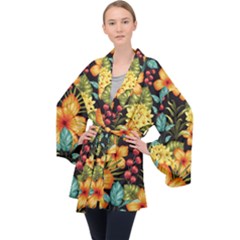 Fabulous Colorful Floral Seamless Long Sleeve Velvet Kimono  by Pakemis