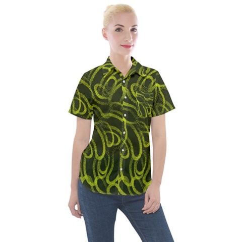 Green-abstract-stippled-repetitive-fashion-seamless-pattern Women s Short Sleeve Pocket Shirt by Pakemis