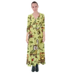 Seamless-pattern-with-flowers-owls Button Up Maxi Dress by Pakemis