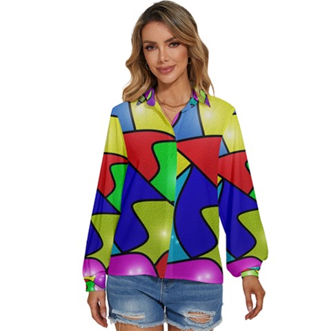 Colorful Abstract Art Women s Long Sleeve Button Down Shirt by gasi