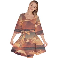 Sunset River Sky Clouds Nature Nostalgic Mountain Velour Kimono Dress by Uceng