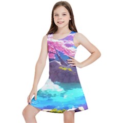 Fantasy Japan Mountains Cherry Blossoms Nature Kids  Lightweight Sleeveless Dress by Uceng