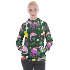 Dinosaur Colorful Funny Christmas Pattern Women s Hooded Pullover by Uceng