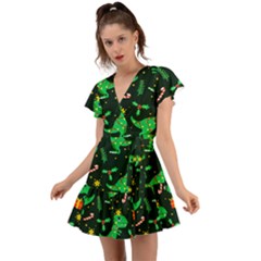 Christmas Funny Pattern Dinosaurs Flutter Sleeve Wrap Dress by Uceng