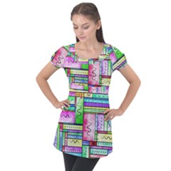 Colorful Pattern Puff Sleeve Tunic Top by gasi