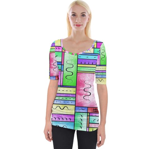 Colorful Pattern Wide Neckline Tee by gasi