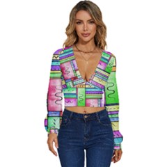 Colorful Pattern Long Sleeve Deep-v Velour Top by gasi