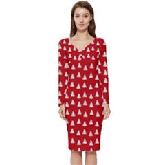 White Christmas Tree Red Long Sleeve V-neck Bodycon Dress  by TetiBright