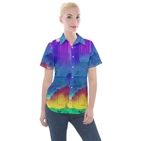 Abstract Geometric Landscape Art 3d Women s Short Sleeve Pocket Shirt by Pakemis