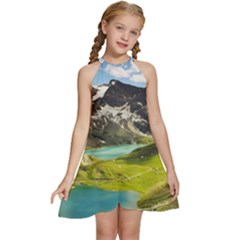 Aerial View Of Mountain And Body Of Water Kids  Halter Collar Waist Tie Chiffon Dress by danenraven