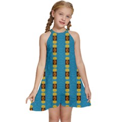 Square And Circles Blue Kids  Halter Collar Waist Tie Chiffon Dress by FunDressesShop