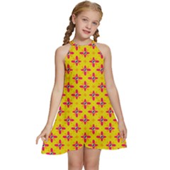 Flowers Shapes On Yellow Kids  Halter Collar Waist Tie Chiffon Dress by FunDressesShop