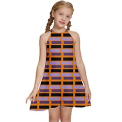 Purple And Black Rectangles Orange Kids  Halter Collar Waist Tie Chiffon Dress by FunDressesShop