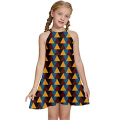 Colorful Triangles On Black Kids  Halter Collar Waist Tie Chiffon Dress by FunDressesShop